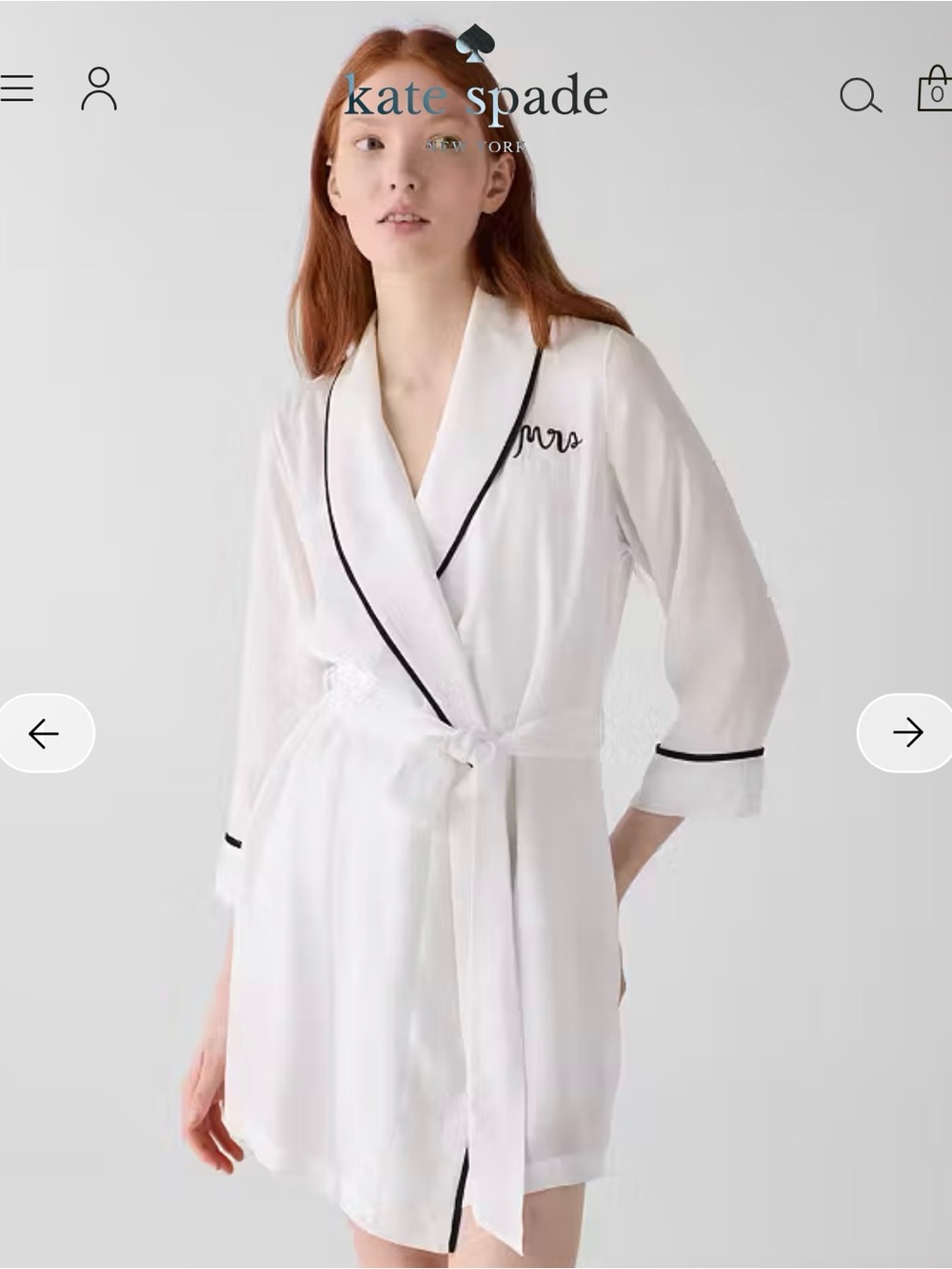 kate spade White Satin Short Robe with Black Trim and "Mrs." Embroidery